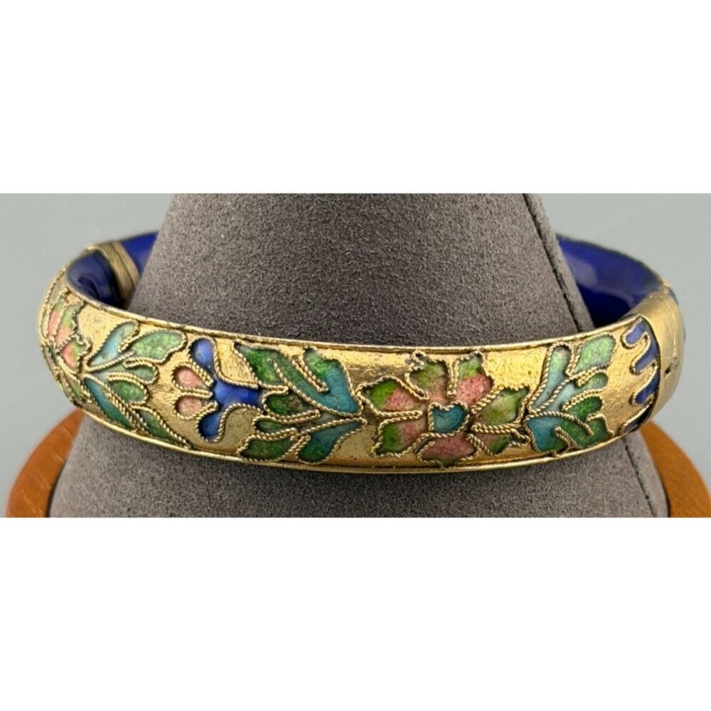 Vintage Chinese Cloisonné Enamel Hinged Bangle Bracelet Blue Interior Brass 43g